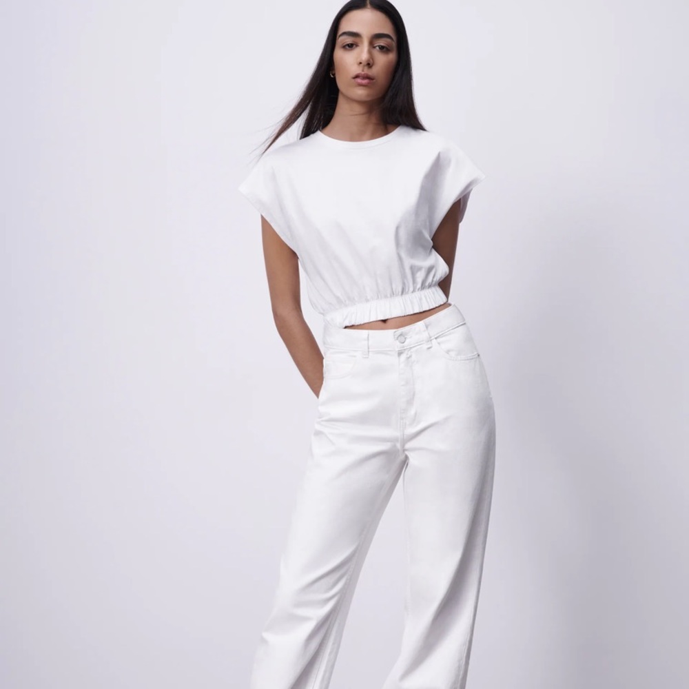 Zara Women Crop Top T Shirt Small White Elastic Hem